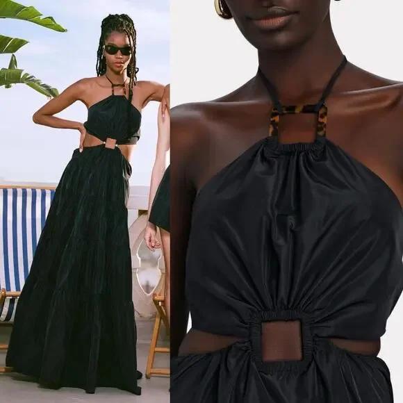 Staud Dome Halter Neck Cut Out Maxi Dress Tiered Skirt Black Size Medium - Picture 6 of 10